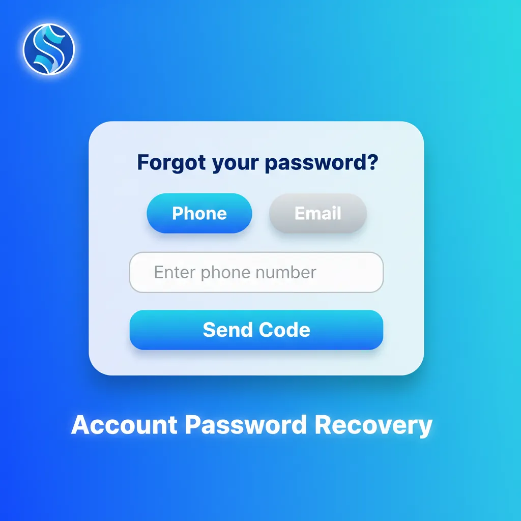 Account password recovery steps: Forgot Password, choose email link or SMS code, verify, set new password, sign in.