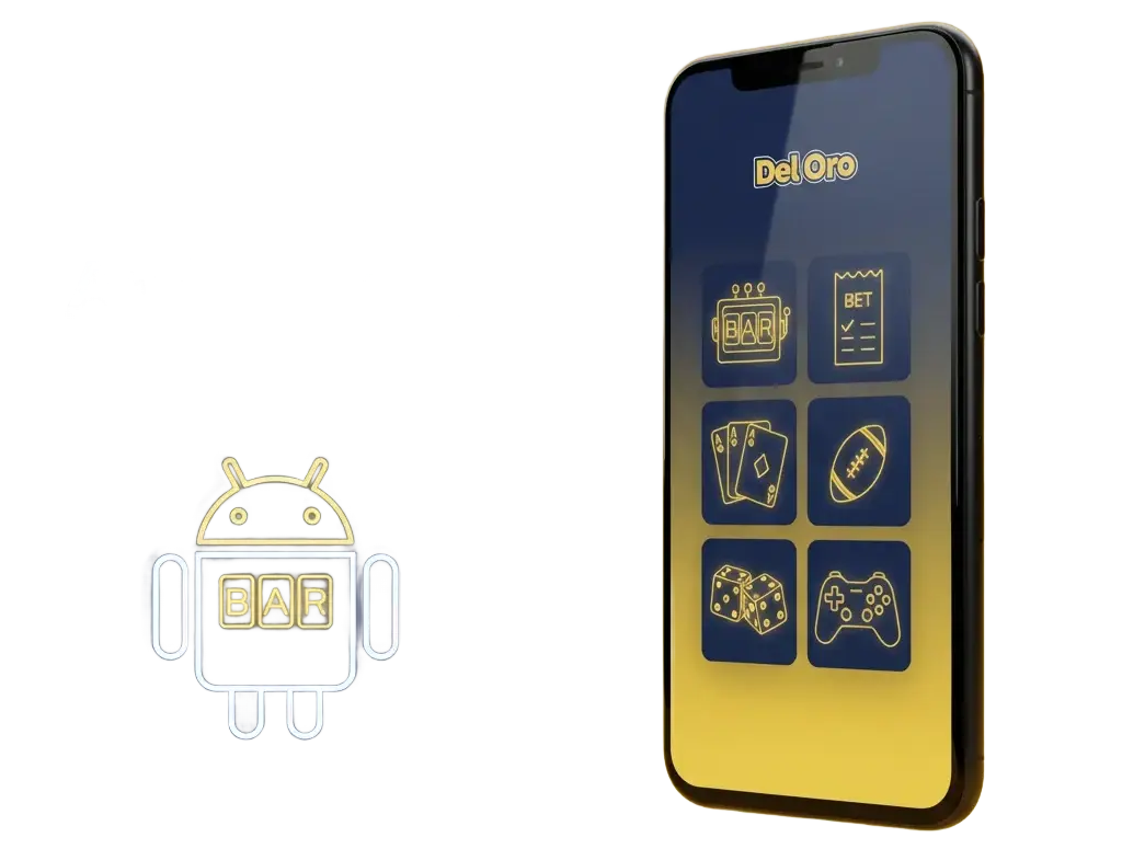Del Oro Android app with pre-match and live betting, slots, and live casino tables on mobile.