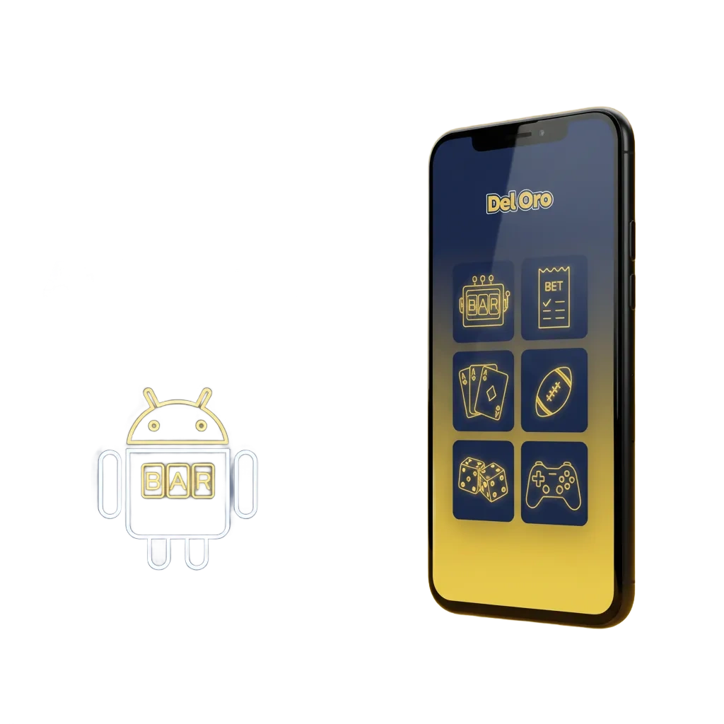 Del Oro Android app with pre-match and live betting, slots, and live casino tables on mobile.