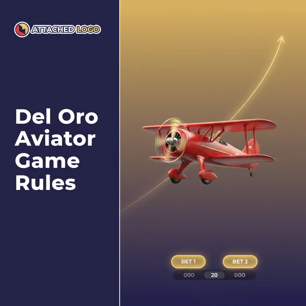 Del Oro Aviator rules screen: rising plane multiplier, place 1-2 bets, cash out before fly-off; auto cash-out, random rounds.