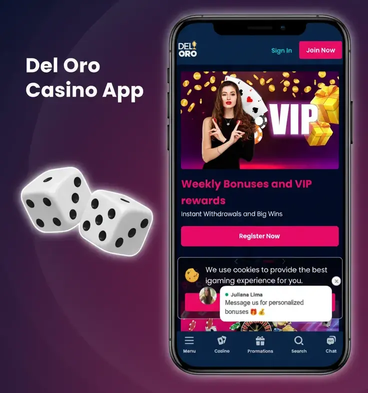 Del Oro Casino App home screen with quick switch to sports, slots and tables, live events, promos for free spins and reloads