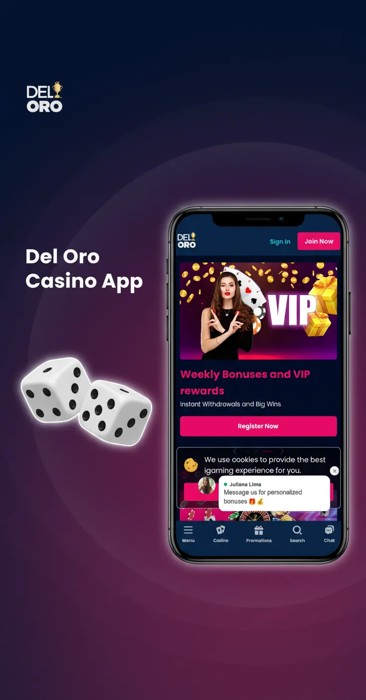 Del Oro Casino App home screen with quick switch to sports, slots and tables, live events, promos for free spins and reloads