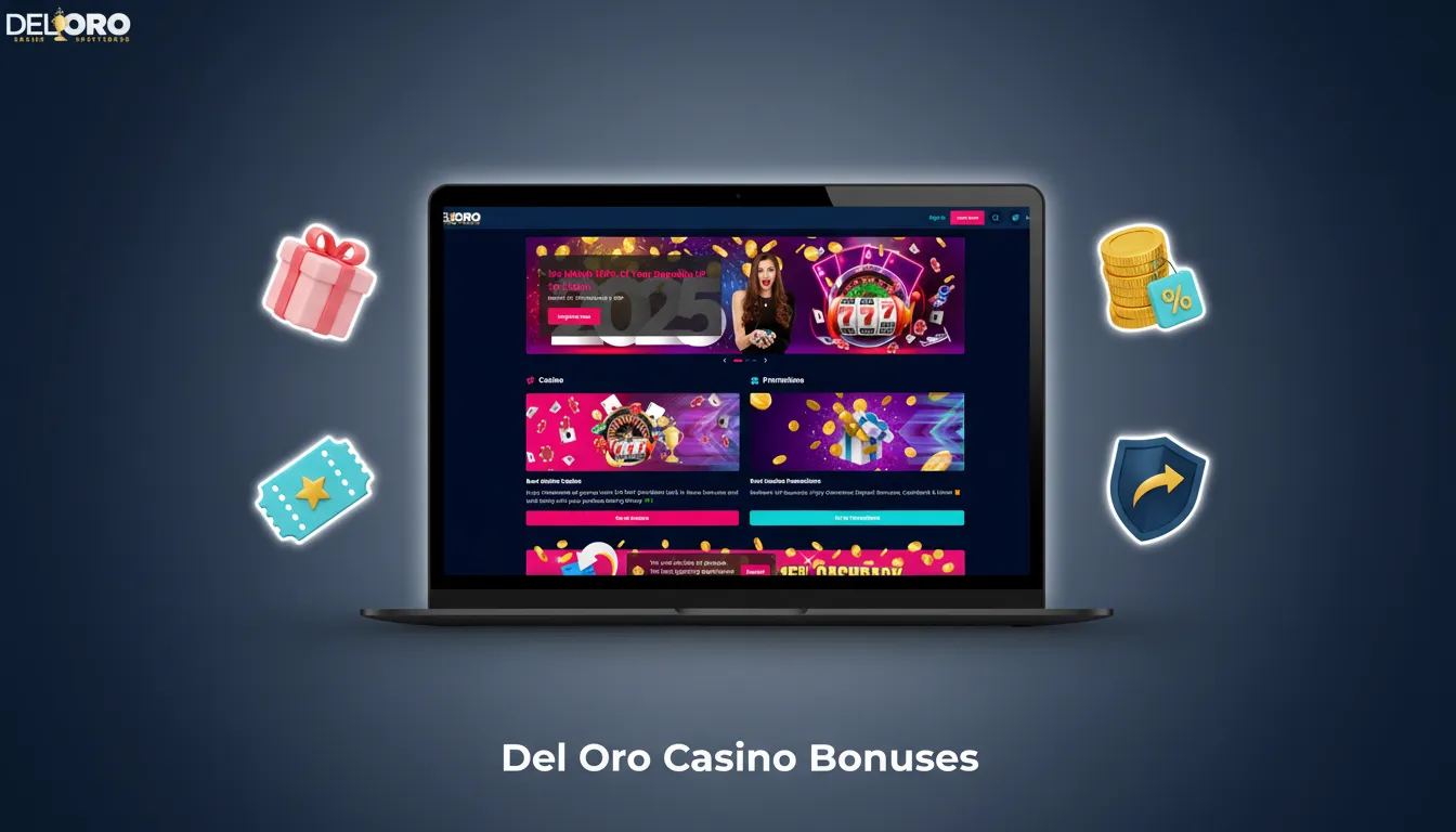 Del Oro Casino: Weekly 50% slots reload, Tue 40 spins, Weekend 10% cashback, Drops & Wins, High Roller 30%.