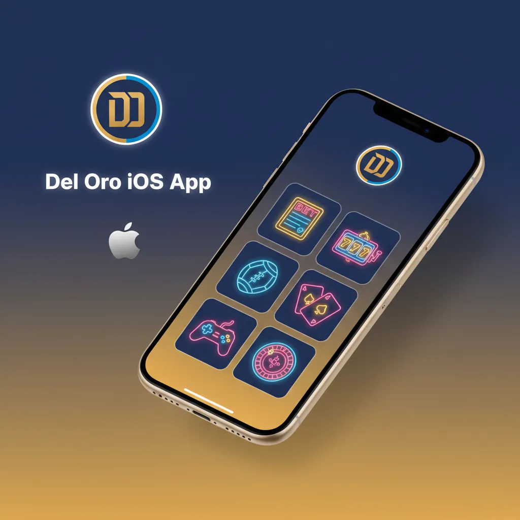 Del Oro iOS app on iPhone and iPad; iOS 12+, ~200MB. Mirrors website with live betting, casino, payments, and support.