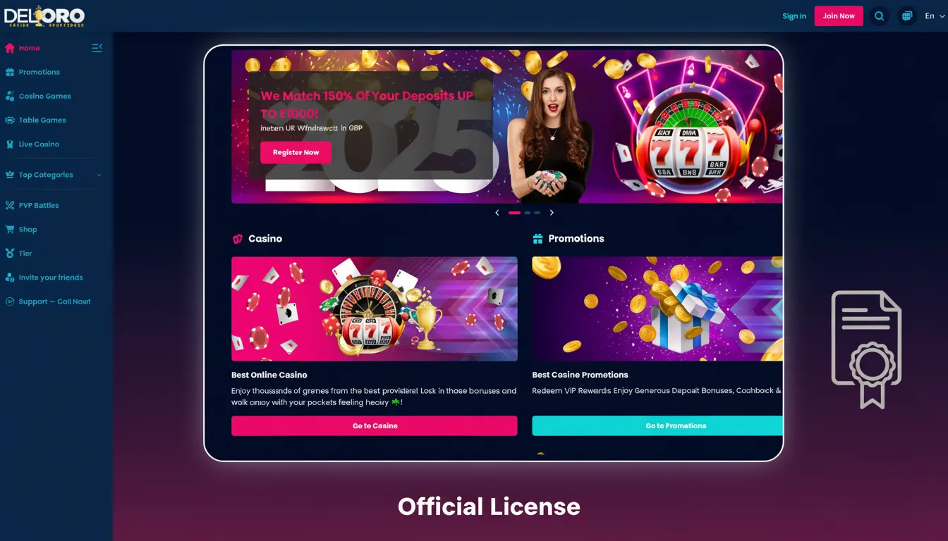 Official licence: Del Oro holds Curaçao eGaming 2021 licence for casino, live dealer, and sports betting.