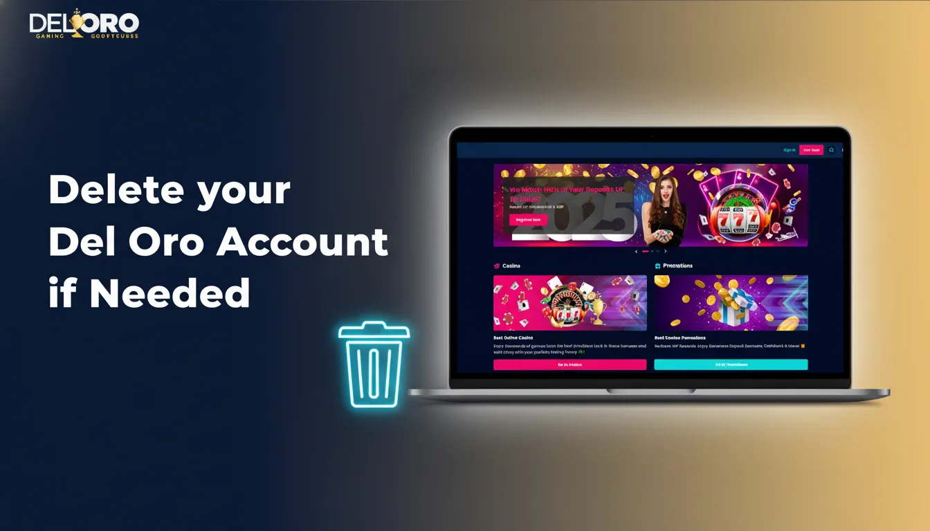 Infographic: Delete your Del Oro account—contact support, verify identity, withdraw funds, confirm by email.
