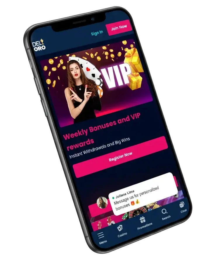 Del Oro app for Android APK and iOS; UK legal. Casino & betting, payment options, 150% bonus up to €10,000.