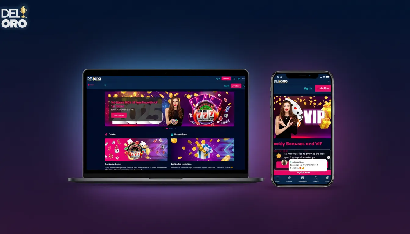 Del Oro betting & casino site interface with clean layout; nav: Sports, Live, eSports, Casino; Login, Join, Deposit