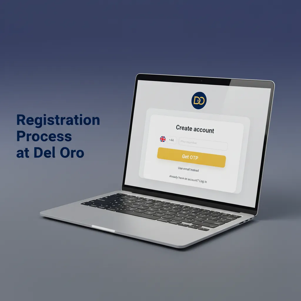 Del Oro sign-up steps: Join Now, choose email/phone/social, enter details, set password/2FA, verify email/SMS to activate.