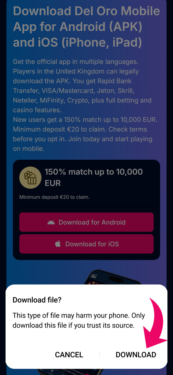 Accept the Del Oro App APK file download in the browser.