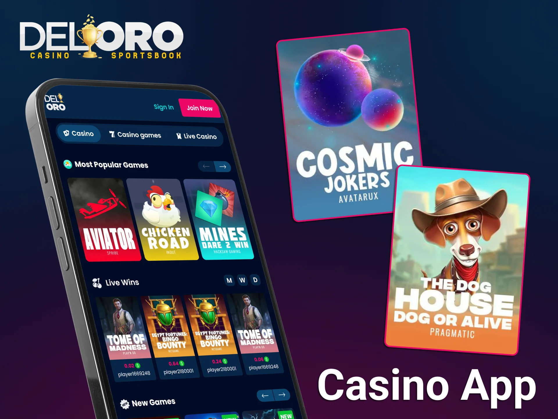 Play top-tier slots and table games in the Del Oro App.