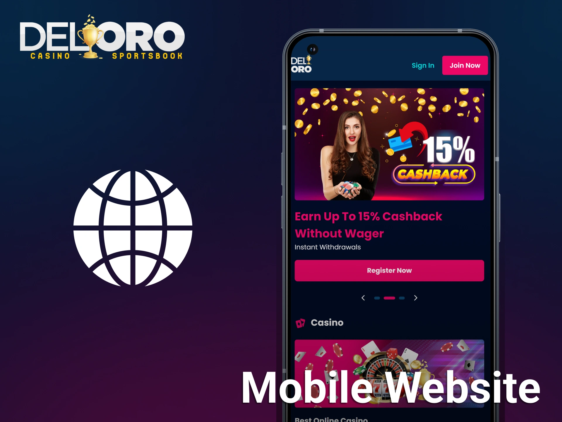 Access all gambling features via the Del Oro App mobile website.