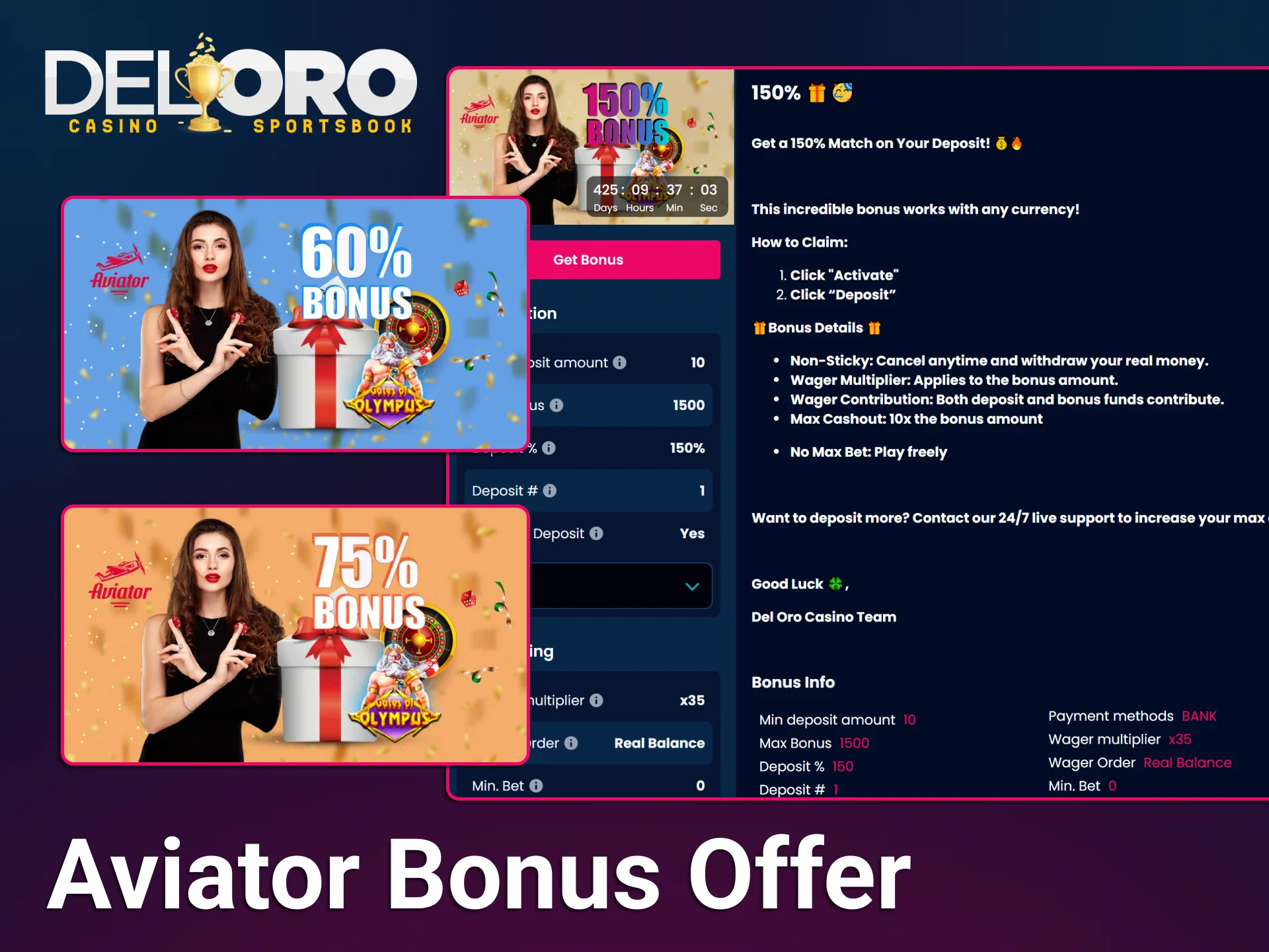 Claim a special Aviator bonus to increase your winnings at Del Oro.