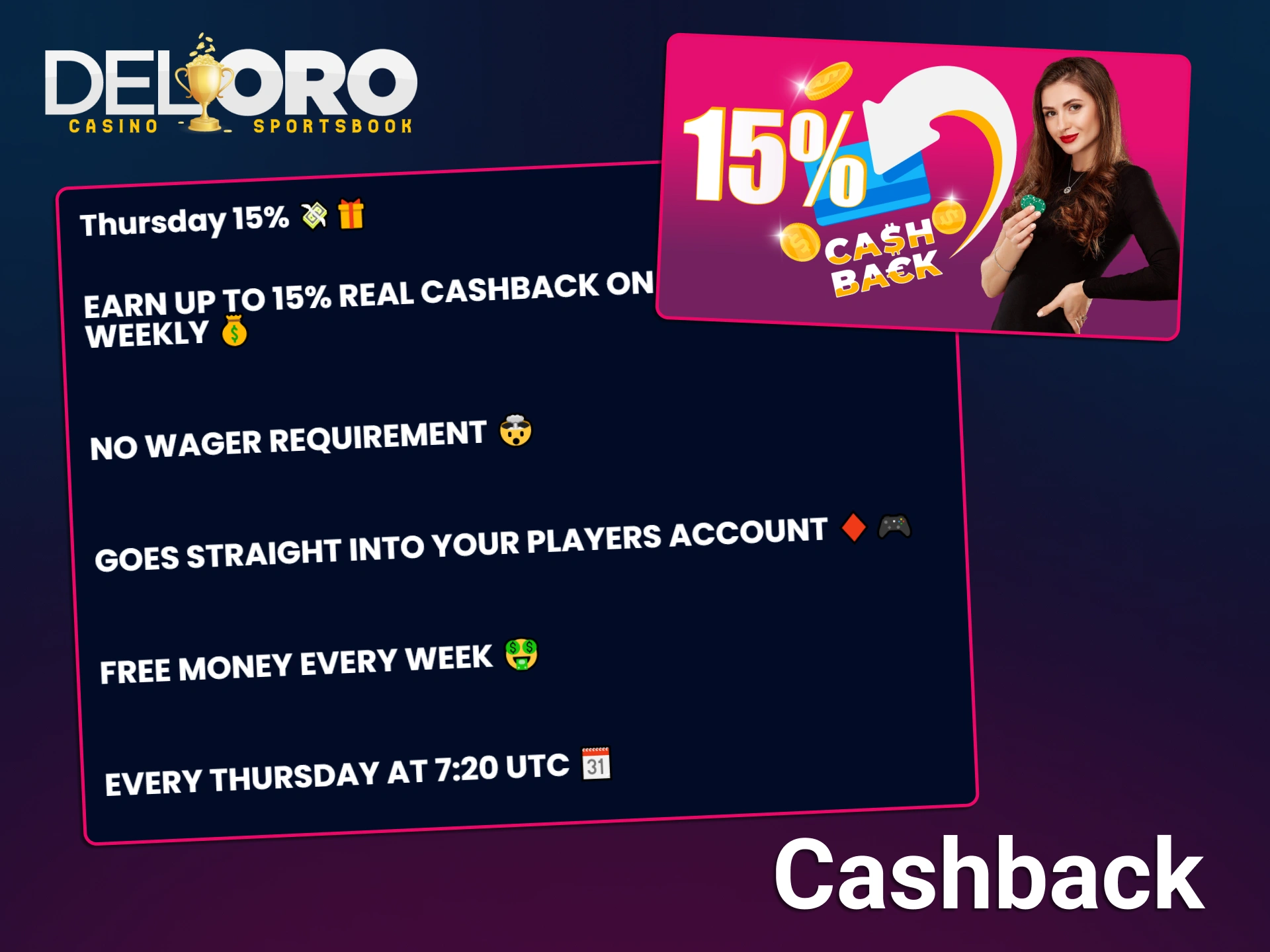 Receive a generous Thursday cashback while playing at Del Oro Casino.