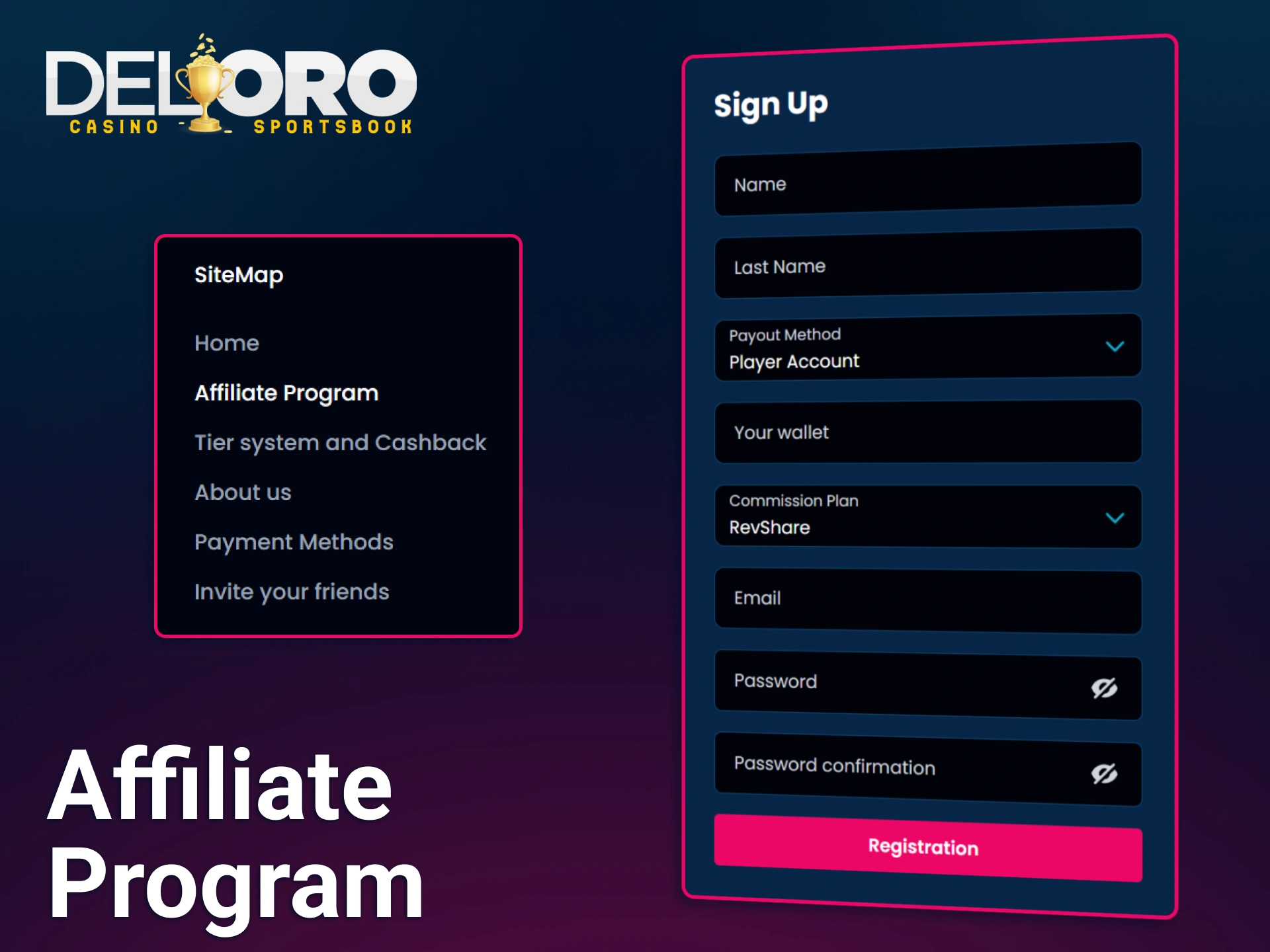 Join the Del Oro affiliate program by filling out the registration form to earn revenue through a dedicated commission plan and player referral system.