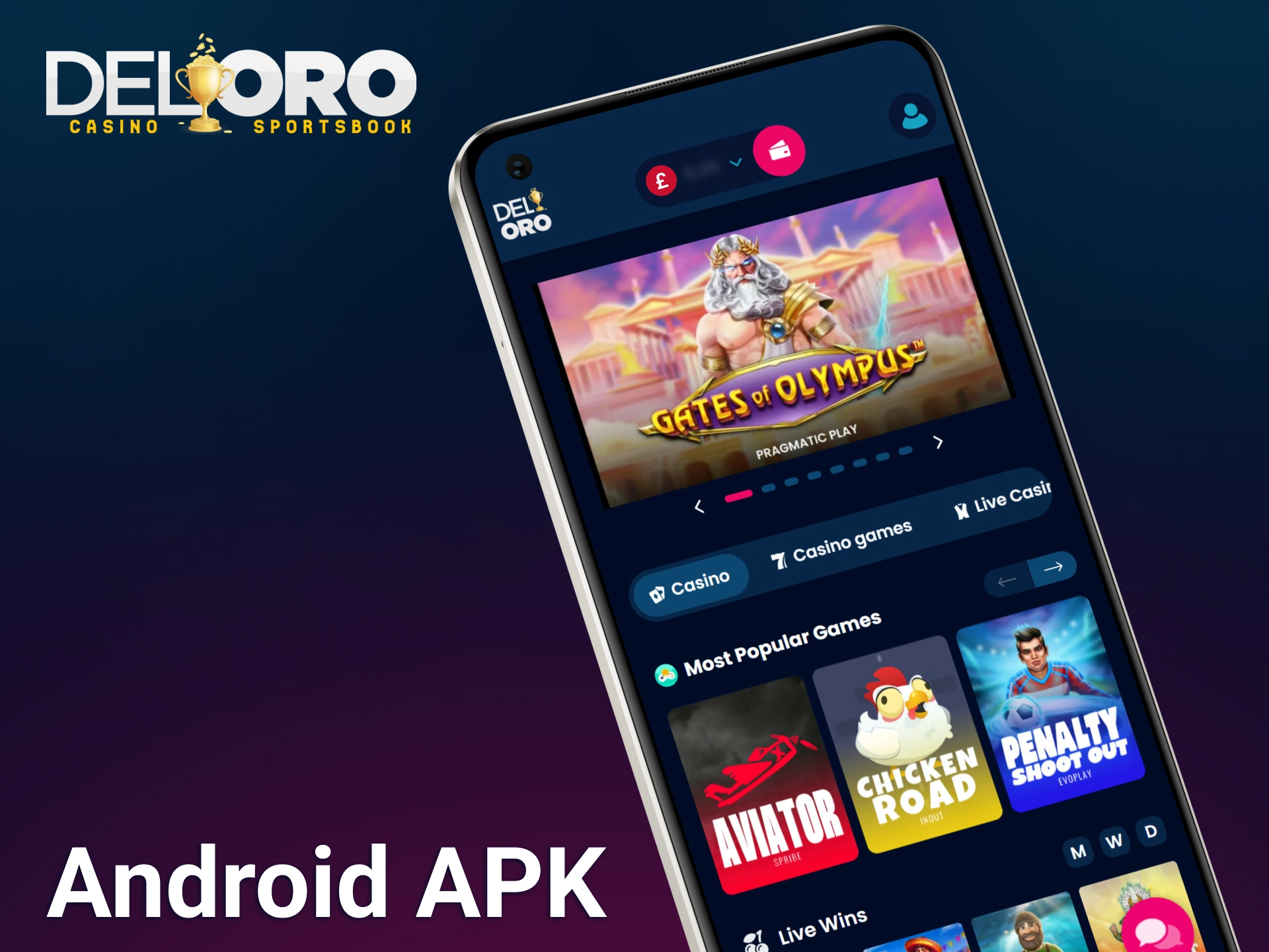 Download the official Del Oro Android application to enjoy a seamless mobile gaming experience with your favorite slots and live casino titles.