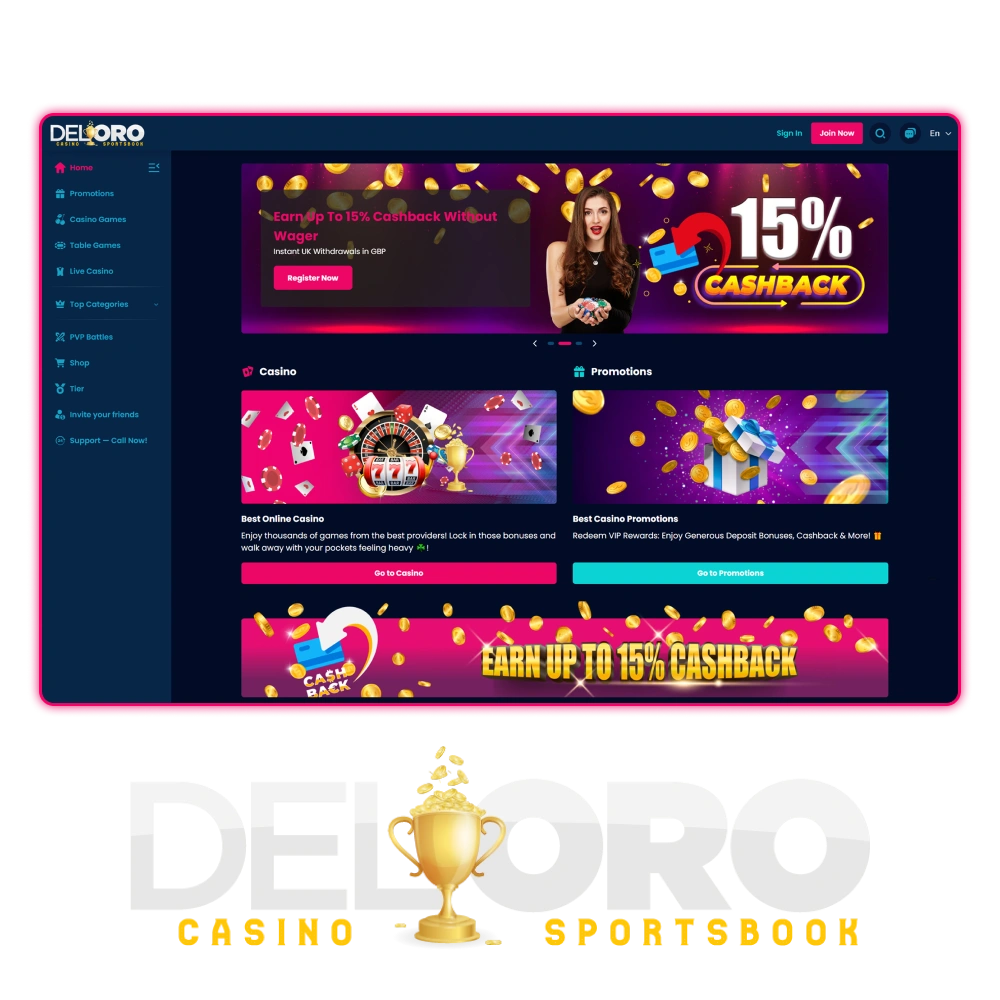 Explore a premium collection of live dealer games and popular slot titles on the official Del Oro online website.