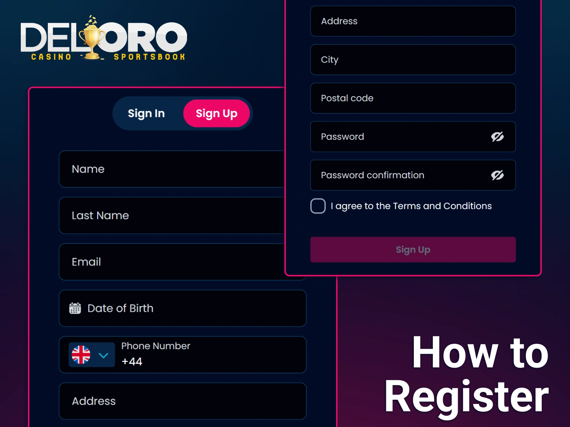 Complete the multi-field registration form by providing your personal contact details and a secure password to join Del Oro.
