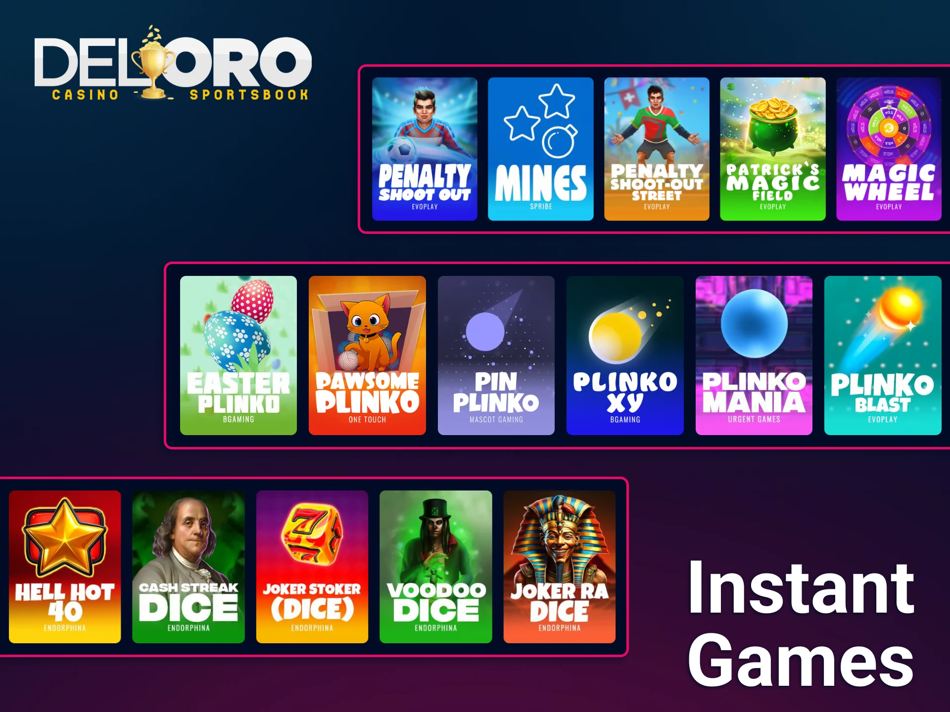 Explore a vibrant gallery of quick-win titles alongside various dice themed games at Del Oro.