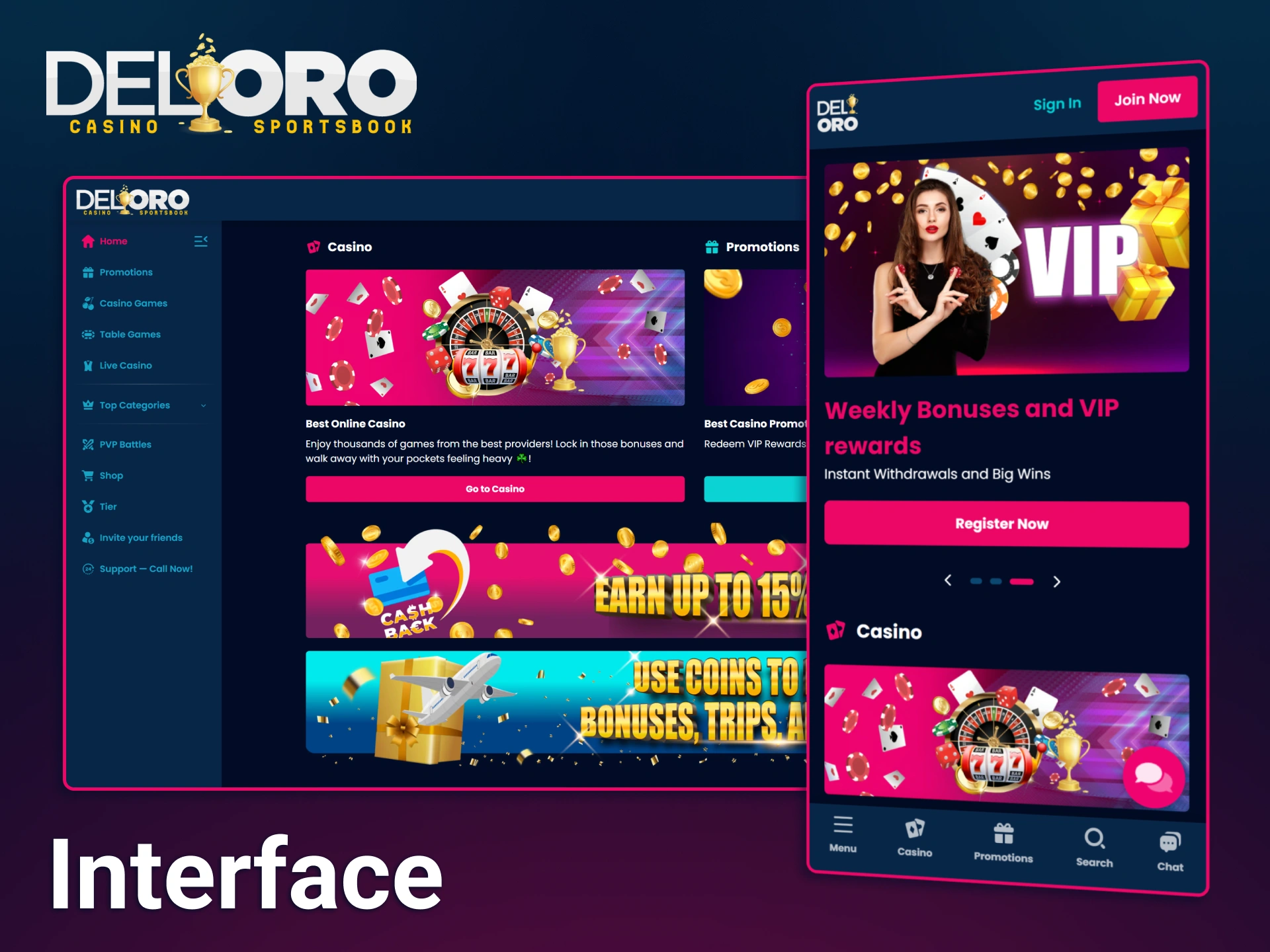 Navigate through a high-definition selection of casino games on the organized Del Oro platform.