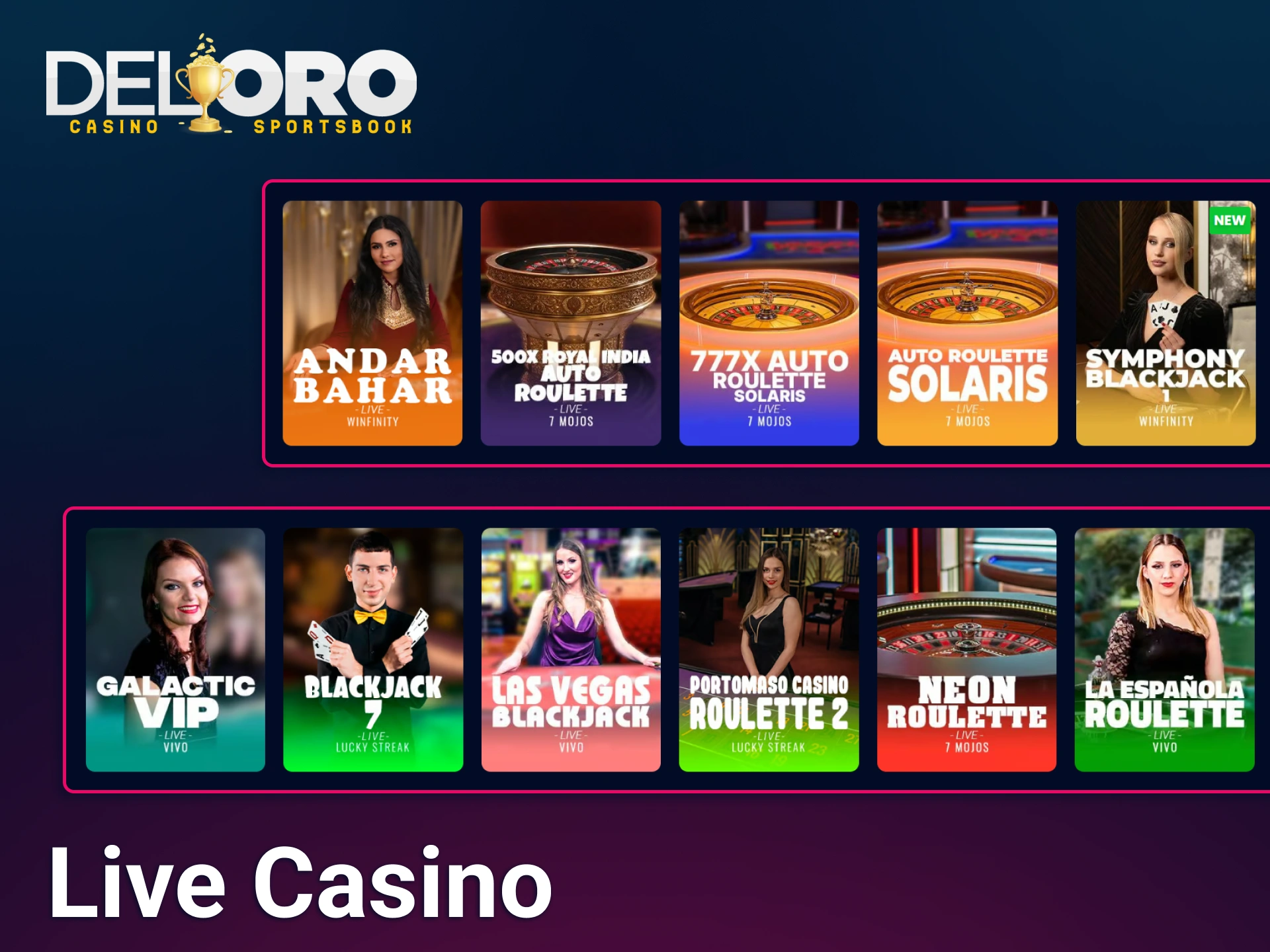Interact with professional dealers in real-time by exploring a variety of live roulette and blackjack rooms available at Del Oro.