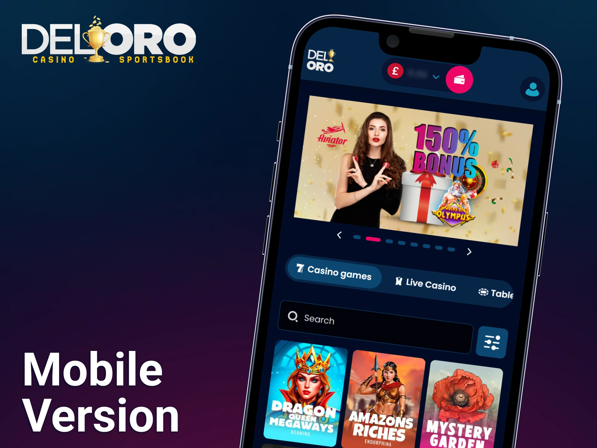 Access a complete range of casino games through the fully responsive and modern Del Oro mobile web platform.