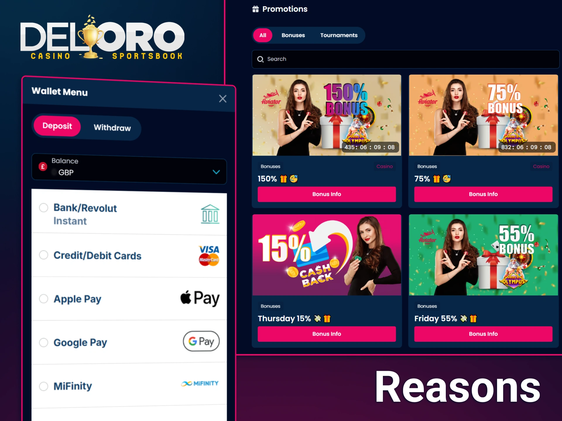 Select your preferred instant payment method and claim variety of deposit bonuses and cashback rewards at Del Oro.