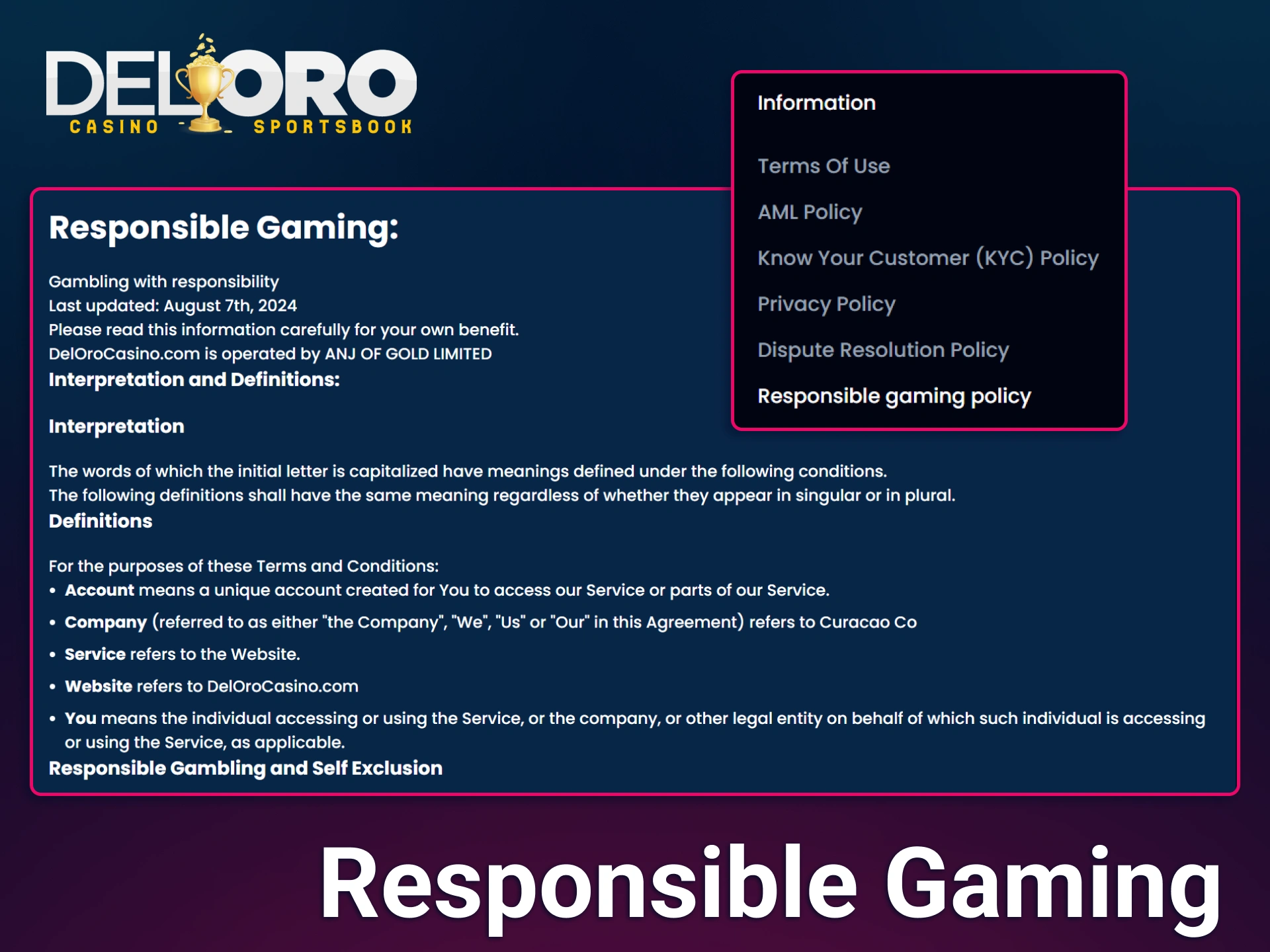Access the comprehensive responsible gaming policy at Del Oro to learn about account self exclusion and tools for managing your play.