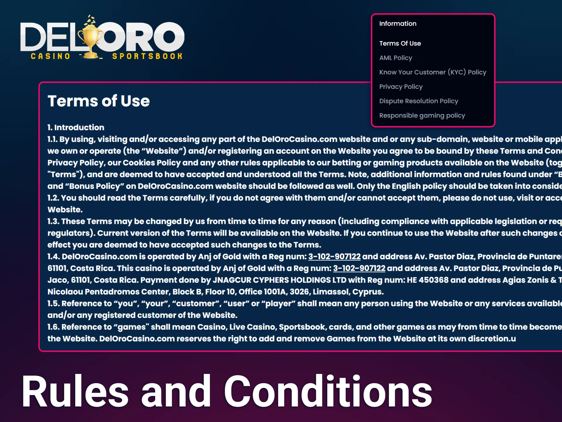 Carefully read through the legal terms of use and operational policies to understand your rights and responsibilities when using the Del Oro platform.