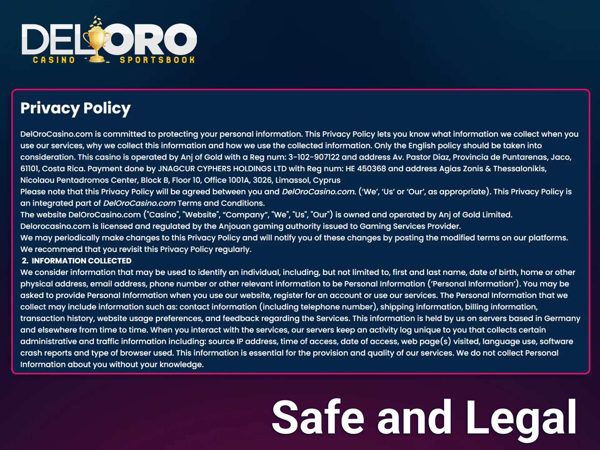 View the comprehensive privacy policy at Del Oro which details the secure collection and protection of your personal and financial data.
