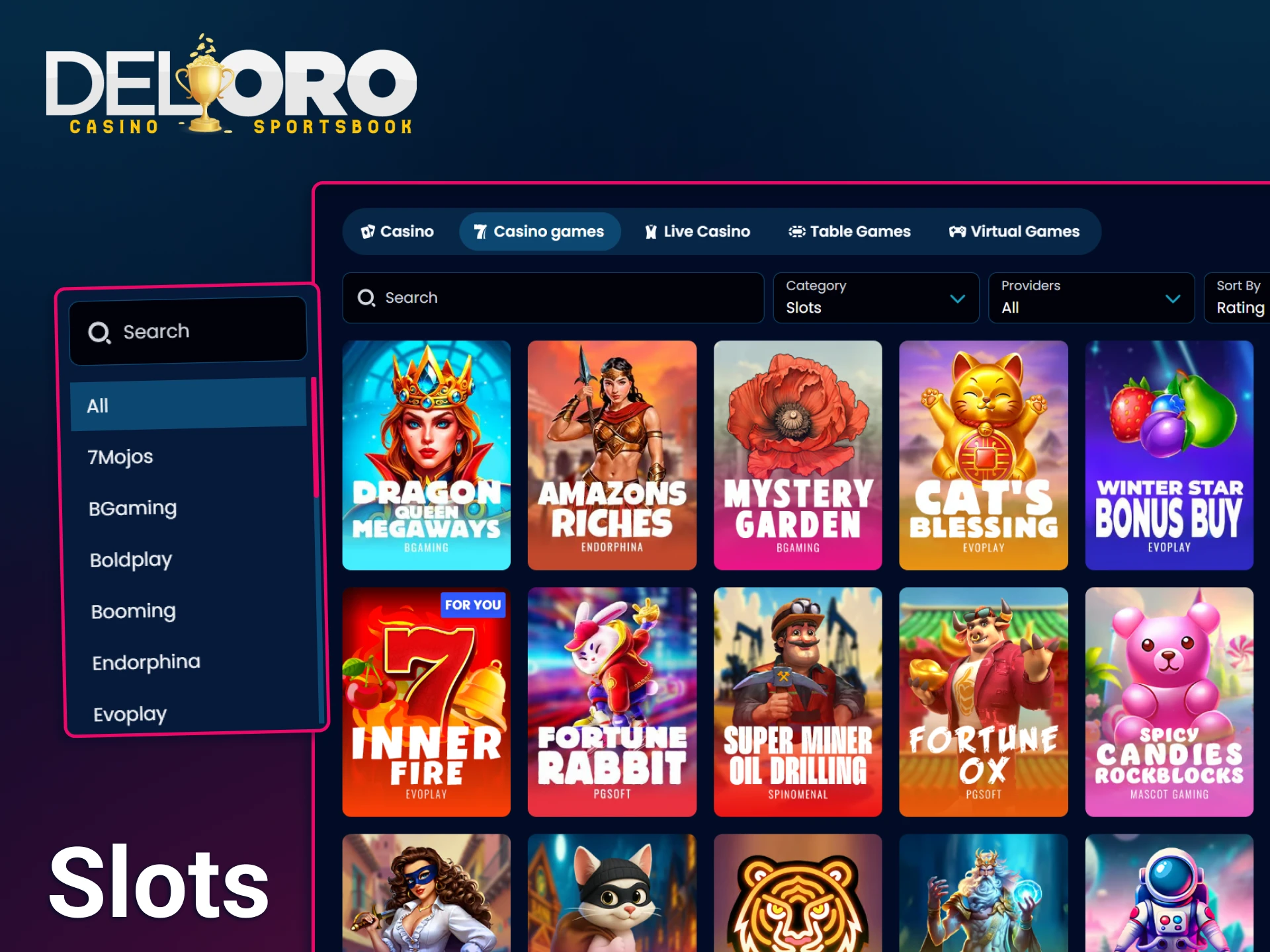 Browse a diverse library of slots and filter by your favorite software providers at Del Oro.