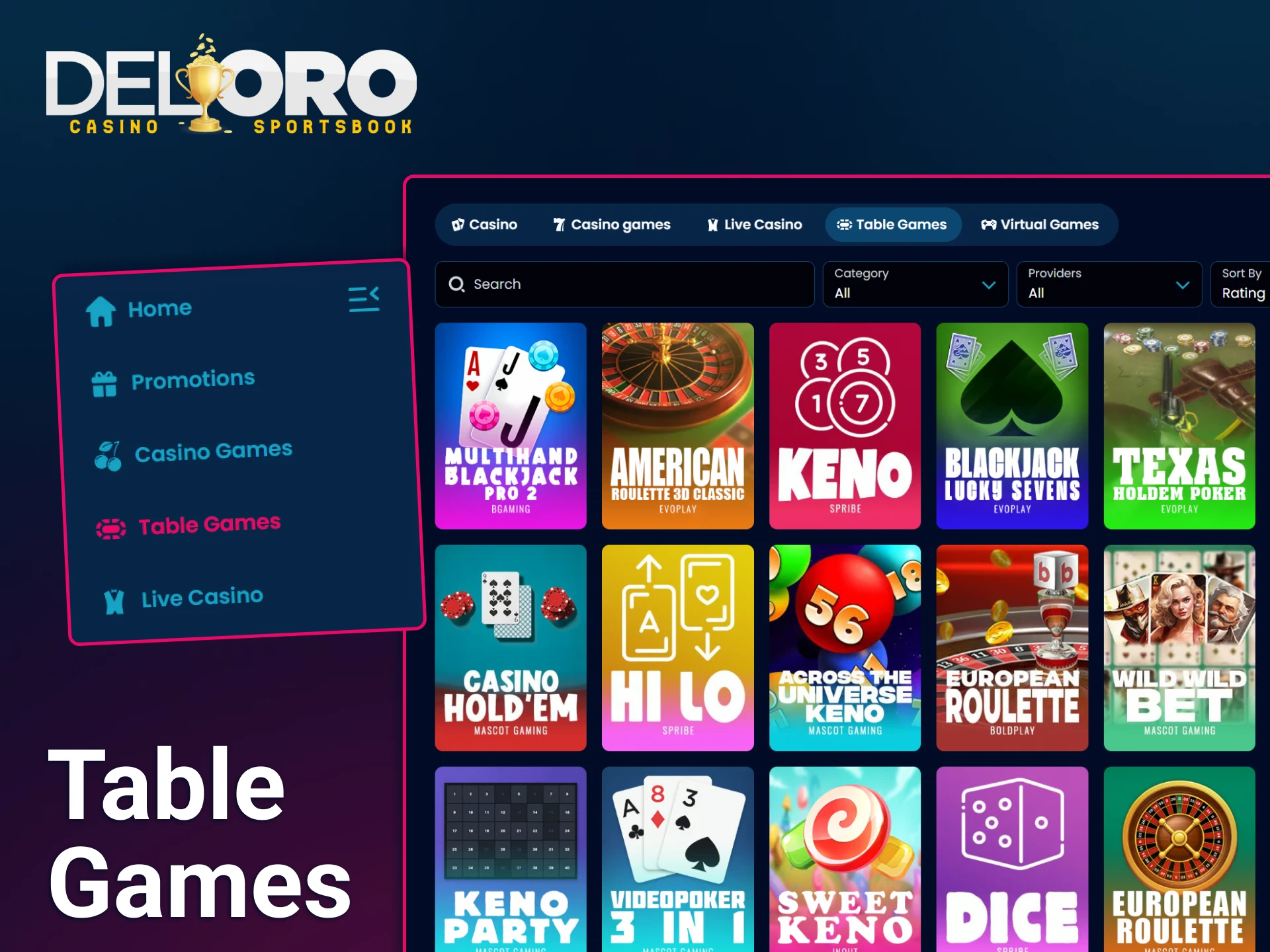 Explore a wide selection of classic and modern RNG powered titles within the Del Oro table games library.